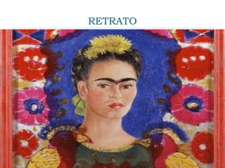 RETRATO
 Representação de uma figura individual ou de um
grupo, elaborada a partir de modelo vivo,
documentos, fotografias, ou com o auxílio da
memória, o retrato em seu sentido primeiro ligado à
ideia de mimese . Por essa razão, foi muito utilizado
nas academias e escolas de arte para o
aprendizado do ofício e domínio da técnica. A
produção de autorretratos segue o desenvolvimento
do gênero, desde o início, constituindo um filão
fartamente explorado por artistas de todas as
épocas.
 