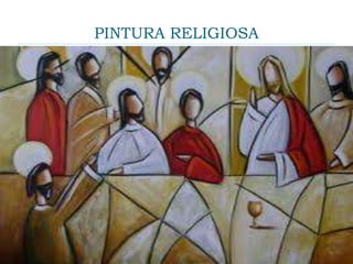 PINTURA RELIGIOSA
 Convenciona-se chamar de pintura sacra aquela que
representa assuntos ou personagens religiosos. Uma
parcela significativa dessa produção é realizada sob
encomenda para decorar forros das igrejas e capelas.
Nesse sentido falar em pintura sacra significa referir-se a
praticamente toda a história da arte cristã pois é na
religião, nas cenas e figuras bíblicas, que os pintores vão
buscar a maior parte de seus temas. Algumas
representações transformaram-se em verdadeiros
tópicos da pintura sacra, trabalhadas pelos artistas em
diferentes períodos: a virgem; a virgem com o menino, a
santa ceia, a crucificação, a conversação sacra (onde a
virgem, o menino e os santos estão dispostos numa
única cena). Desde que o imperador Constantino
estabelece a Igreja Cristã como um poder do Estado, no
ano 311 d.C., o relacionamento entre religião e arte se
redefine.
 