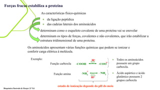 Forças fracas estabiliza a proteína
As características físico-químicas
★ da ligação peptídica
★ das cadeias laterais dos aminoácidos
determinam como o esqueleto covalente de uma proteína vai se enovelar
determinam os tipos de forças, covalentes e não covalentes, que irão estabilizar a
estrutura tridimensional de uma proteína.
Os aminoácidos apresentam várias funções químicas que podem se ionizar e
conferir carga elétrica à molécula.
★ Todos os aminoácidos
possuem um grupo
carboxila.
★ Ácido aspártico e ácido
glutâmico possuem 2
grupos carboxila
Exemplo:
Função carboxila
Função amina
estado de ionização depende do pH do meio
Bioquímica Ilustrada de Harper 31ª Ed
 