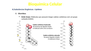 Bioquímica Celular
4) Substâncias Orgânicas - Lipídeos
I) Glicerídeos
 Ácido Graxo: Moléculas que possuem longas cadeias carbônicas com um grupo
carboxila (COOH).
Cadeia carbônica insaturada
Há presença de ligações dupla.
A molécula sofre uma curvatura
Cadeia carbônica saturada
Só possui ligações simples
A molécula é linear
 