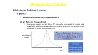Bioquímica Celular
4) Substâncias Orgânicas - Proteínas
V) Enzimas
 Fatores que interferem nas reações enzimáticas
2) pH (Potencial Hidrogeniônico)
o As enzimas exigem um pH ótimo (Y) no qual a velocidade da reação seja
máxima (X). Acima ou abaixo deste ponto elas diminuem sua atividade até
que a reação química não mais ocorra.
x
y
Velocidade da
reação
pH
Acima ou abaixo do pH (Y) ocorre a as
enzimas não se mantém ativas e por isso
ocorre diminuição da velocidade da
reação química.
Exemplos
Pepsina: pH ideal 2
Ptialina: pH ideal 7
Tripsina: pH ideal 8
 