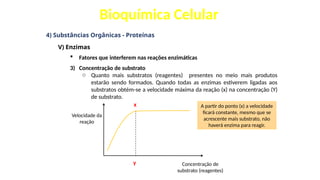 Bioquímica Celular
4) Substâncias Orgânicas - Proteínas
V) Enzimas
 Fatores que interferem nas reações enzimáticas
3) Concentração de substrato
o Quanto mais substratos (reagentes) presentes no meio mais produtos
estarão sendo formados. Quando todas as enzimas estiverem ligadas aos
substratos obtém-se a velocidade máxima da reação (x) na concentração (Y)
de substrato.
x
y
Velocidade da
reação
Concentração de
substrato (reagentes)
A partir do ponto (x) a velocidade
ficará constante, mesmo que se
acrescente mais substrato, não
haverá enzima para reagir.
 