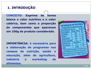 1. INTRODUÇÃO
CONCEITO: Exprime de forma
básica o valor nutritivo e o valor
calórico, bem como a proporção
de componentes que aparecem
em 100g de produto considerado.
IMPORTÂNCIA: é necessária para
a elaboração de programas nos
campos da nutrição, saúde e
educação, além de agricultura,
indústria e marketing de
alimentos.
11:07
 