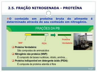2.5. FRAÇÃO NITROGENADA - PROTEÍNA
O conteúdo em proteína bruta do alimento é
determinado através do seu conteúdo em nitrogênio.
N2 pode ser proveniente de outros componentes como:
Ácidos nucleicos
Protídeo
Aminoácidos
Sais de Amônio
Nitratos, bases púricas, etc.
11:07
 