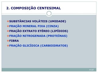 2. COMPOSIÇÃO CENTESIMAL
SUBSTÂNCIAS VOLÁTEIS (UMIDADE)
FRAÇÃO MINERAL FIXA (CINZA)
FRAÇÃO EXTRATO ETÉREO (LIPÍDIOS)
FRAÇÃO NITROGENADA (PROTEÍNAS)
FIBRA
FRAÇÃO GLICÍDICA (CARBOIDRATOS)
11:07
 
