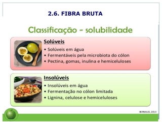 2.6. FIBRA BRUTA
As fibras podem ser classificadas quanto a sua
solubilidade em água em fibras solúveis e insolúveis.
solúvel: pectinas, betaglicanas, gomas, mucilagens
e algumas hemiceluloses.
Insolúveis: lignina, pectinas insolúveis, celulose e
hemiceluloses.
11:17
 