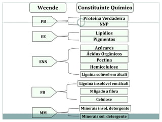 Constituinte QuímicoWeende
PB
EE
ENN
FB
MM
Minerais sol. detergente
Minerais insol. detergente
Lignina insolúvel em álcali
N ligado a fibra
Celulose
Açúcares
Ácidos Orgânicos
Pectina
Hemicelulose
Lignina solúvel em álcali
Lipídios
Pigmentos
Proteína Verdadeira
NNP
 