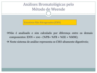 Não é analisado e sim calculado por diferença entre os demais
componentes: ENN = 100 - (%PB+ %FB + %EE + %MM);
 Neste sistema de análise representa os CHO altamente digestíveis;
Análises Bromatológicas pelo
Método de Weende
Extrativos Não Nitrogenados (ENN)
 