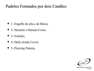 Padrões Formados por dois Candles:


   1- Engolfo de alta e de Baixa;
   2- Haramis e Harami-Cross;
   3- Estrelas;
   4- Dark clouds Cover;
   5- Piercing Pattern;
 