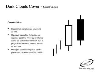 Dark Clouds Cover - Sinal Funesto


 Características

    Preconizam reversão da tendência
     de alta.
    O primeiro candle é forte alta, no
     segundo candle o preço de abertura é
     acima do fechamento anterior, mas o
     preço de fechamento é muito abaixo
     da abertura.
    Ou seja o corpo do segundo candle
     penetra no corpo do primeiro candle.
 