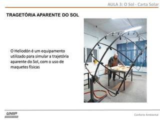 AULA 3: O Sol - Carta Solar
Conforto Ambiental
O Heliodón é um equipamento
utilizado para simular a trajetória
aparente do Sol, com o uso de
maquetes físicas
TRAGETÓRIA APARENTE DO SOL
 