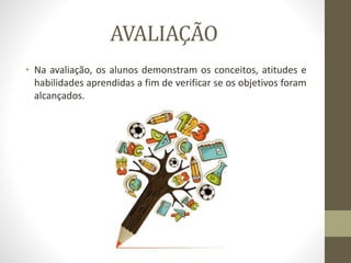 AVALIAÇÃO
• Na avaliação, os alunos demonstram os conceitos, atitudes e
habilidades aprendidas a fim de verificar se os objetivos foram
alcançados.
 