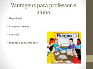 Vantagens para professor e
aluno
• Organização
• Conquistar metas
• Controle
• Expansão da sala de aula
 