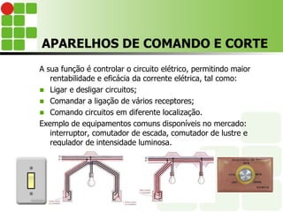 APARELHOS DE COMANDO E CORTE
A sua função é controlar o circuito elétrico, permitindo maior
rentabilidade e eficácia da corrente elétrica, tal como:
 Ligar e desligar circuitos;
 Comandar a ligação de vários receptores;
 Comando circuitos em diferente localização.
Exemplo de equipamentos comuns disponíveis no mercado:
interruptor, comutador de escada, comutador de lustre e
regulador de intensidade luminosa.
 