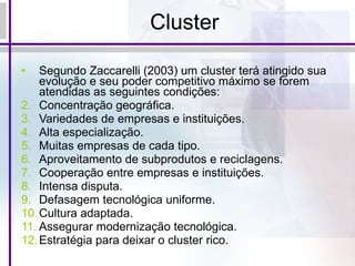 Cluster Segundo Zaccarelli (2003) um cluster terá atingido sua evolução e seu poder competitivo máximo se forem atendidas as seguintes condições: Concentração geográfica. Variedades de empresas e instituições. Alta especialização. Muitas empresas de cada tipo. Aproveitamento de subprodutos e reciclagens. Cooperação entre empresas e instituições. Intensa disputa. Defasagem tecnológica uniforme. Cultura adaptada. Assegurar modernização tecnológica. Estratégia para deixar o cluster rico. 
