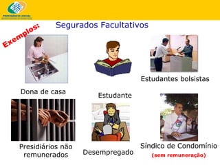 Segurados Facultativos   Dona de casa Estudante Síndico de Condomínio   (sem remuneração) Presidiários não remunerados Desempregado Estudantes bolsistas Exemplos: 
