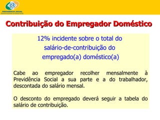 12% incidente sobre o total do  salário-de-contribuição do  empregado(a) doméstico(a) Cabe ao empregador recolher mensalmente à Previdência Social a sua parte e a do trabalhador, descontada do salário mensal. O desconto do empregado deverá seguir a tabela do salário de contribuição.  Contribuição do Empregador Doméstico 