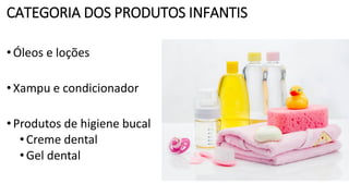 CATEGORIA DOS PRODUTOS INFANTIS
•Óleos e loções
•Xampu e condicionador
•Produtos de higiene bucal
•Creme dental
•Gel dental
 