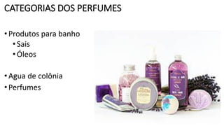 CATEGORIAS DOS PERFUMES
•Produtos para banho
•Sais
•Óleos
•Agua de colônia
•Perfumes
 