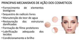 PRINCIPAIS MECANISMOS DE AÇÃO DOS COSMETICOS
•Fornecimento de elementos
biológicos
•Sequestro de radicais livres
•Manutenção do teor de agua
•Restauração das estruturas
danificadas
•Formação de filme protetores
•Lubrificação adequada dos
tecidos
•Condicionamento e brilho
 