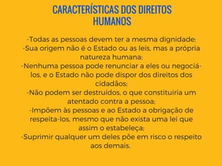 CARACTERÍSTICAS DOS DIREITOS
HUMANOS
-Todas as pessoas devem ter a mesma dignidade;
-Sua origem não é o Estado ou as leis, mas a própria
natureza humana;
-Nenhuma pessoa pode renunciar a eles ou negociá-
los, e o Estado não pode dispor dos direitos dos
cidadãos;
-Não podem ser destruídos, o que constituiria um
atentado contra a pessoa;
-Impõem às pessoas e ao Estado a obrigação de
respeita-los, mesmo que não exista uma lei que
assim o estabeleça;
-Suprimir qualquer um deles põe em risco o respeito
aos demais. 
 
