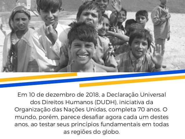Em 10 de dezembro de 2018, a DeclaraÃ§Ã£o Universal
dos Direitos Humanos (DUDH), iniciativa da
OrganizaÃ§Ã£o das NaÃ§Ãµes Unidas...
