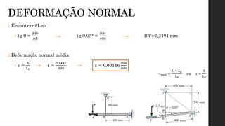 1.Encontrar δLBD
• tg θ =
BB′
AB
tg 0,05° =
BB′
400
BB′=0,3491 mm
2.Deformação normal média
• ε =
δ
L0
ε =
0,3491
300
ε = 0,00116
mm
mm
DEFORMAÇÃO NORMAL
ε𝑚é𝑑 =
𝐿 − 𝐿0
𝐿0
𝑜𝑢 ε =
δ
𝐿0
 
