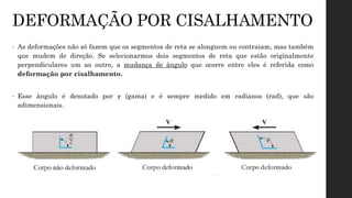 • As deformações não só fazem que os segmentos de reta se alonguem ou contraiam, mas também
que mudem de direção. Se selecionarmos dois segmentos de reta que estão originalmente
perpendiculares um ao outro, a mudança de ângulo que ocorre entre eles é referida como
deformação por cisalhamento.
• Esse ângulo é denotado por γ (gama) e é sempre medido em radianos (rad), que são
adimensionais.
DEFORMAÇÃO POR CISALHAMENTO
 
