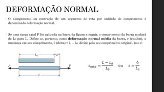 • O alongamento ou contração de um segmento de reta por unidade de comprimento é
denominado deformação normal.
• Se uma carga axial P for aplicada na barra da figura a seguir, o comprimento da barra mudará
de L0 para L. Define-se, portanto, como deformação normal média da barra, ε (épsilon), a
mudança em seu comprimento, δ (delta) = L – L0, divido pelo seu comprimento original, isto é:
ε𝑚é𝑑 =
𝐿 − 𝐿0
𝐿0
𝑜𝑢 ε =
δ
𝐿0
DEFORMAÇÃO NORMAL
 