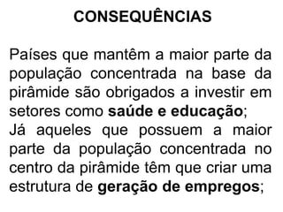CONSEQUÊNCIAS
Países que mantêm a maior parte da
população concentrada na base da
pirâmide são obrigados a investir em
setores como saúde e educação;
Já aqueles que possuem a maior
parte da população concentrada no
centro da pirâmide têm que criar uma
estrutura de geração de empregos;
 