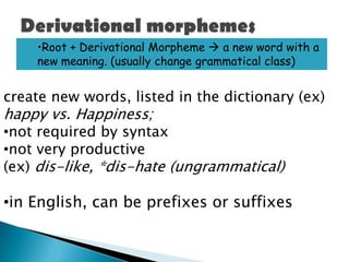 •Root + Derivational Morpheme  a new word with a
    new meaning. (usually change grammatical class)


create new words, listed in the dictionary (ex)
happy vs. Happiness;
•not required by syntax
•not very productive
(ex) dis-like, *dis-hate (ungrammatical)

•in English, can be prefixes or suffixes
 