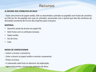 Recursos
3) ÁRVORE DOS ATRIBUTOS DE DEUS
- Fazer uma árvore de papel cartão, EVA ou desenhada e pintada no papelão com frutos de cartolina
ou EVA (se for de papelão tem que ser pintado), associando com o painel que fala dos atributos da
divindade constante de O Livro dos Espíritos para crianças1.
MATERIAL
• Desenho anexo da árvore em papel A4;
• Sete frutos com os atributos (anexo);
• Papel cartão;
• Giz de Cera;
• Cola.
MODO DE CONFECCIONAR
- Colorir a árvore e recortá-la;
- Colar a árvore no papel cartão e recortar novamente;
- Pintar os frutos.
- Ir colocando cada fruto no decorrer da explicação;
- Agora está pronta a árvore dos atributos de Deus.
 