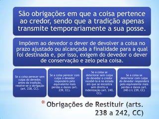São obrigações em que a coisa pertence
ao credor, sendo que a tradição apenas
transmite temporariamente a sua posse.
Impõem ao devedor o dever de devolver a coisa no
prazo ajustado ou alcançada a finalidade para a qual
foi destinada e, por isso, exigem do devedor o dever
de conservação e zelo pela coisa.
Se a coisa perecer sem
culpa do devedor,
antes da tradição,
resolve-se a obrigação
(art. 238, CC).

*

Se a coisa perecer com
culpa o devedor
responderá pelo
equivalente mais
perdas e danos (art.
239, CC).

Se a coisa se
deteriorar sem culpa
do devedor o credor
recebê-la-á no estado
em que se encontra
sem direito à
indenização (art. 240,
CC).

Se a coisa se
deteriorar com culpa
do devedor responderá
pelo equivalente mais
perdas e danos (art.
240 c/c 239, CC)

 