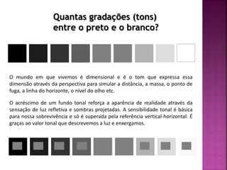 Quantas gradações (tons)
entre o preto e o branco?
O mundo em que vivemos é dimensional e é o tom que expressa essa
dimensão através da perspectiva para simular a distância, a massa, o ponto de
fuga, a linha do horizonte, o nível do olho etc.
O acréscimo de um fundo tonal reforça a aparência de realidade através da
sensação de luz refletiva e sombras projetadas. A sensibilidade tonal é básica
para nossa sobrevivência e só é superada pela referência vertical-horizontal. É
graças ao valor tonal que descrevemos a luz e enxergamos.
 