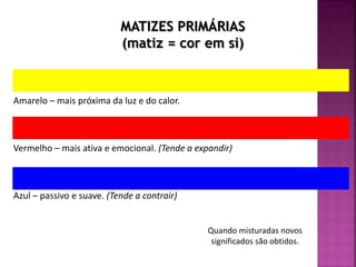 MATIZES PRIMÁRIAS
(matiz = cor em si)
Amarelo – mais próxima da luz e do calor.
Vermelho – mais ativa e emocional. (Tende a expandir)
Azul – passivo e suave. (Tende a contrair)
Quando misturadas novos
significados são obtidos.
 