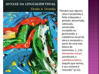 “Sempre que alguma
coisa é projetada e
feita, esboçada e
pintada, desenhada,
rabiscada,
construída,
esculpida ou
gesticulada, a
substância visual da
obra é composta a
partir de uma lista
básica de
elementos. [...] Os
elementos visuais
constituem a
substância básica
daquilo que vemos,
e seu número é
reduzido” (p.51).
 