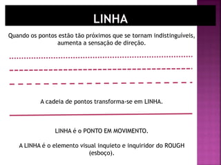 Quando os pontos estão tão próximos que se tornam indistinguíveis,
aumenta a sensação de direção.
A cadeia de pontos transforma-se em LINHA.
LINHA é o PONTO EM MOVIMENTO.
A LINHA é o elemento visual inquieto e inquiridor do ROUGH
(esboço).
 