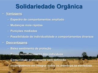 Solidariedade Orgânica
• Vantagens
  – Espectro de comportamentos ampliado

  – Mudanças mais rápidas

  – Punições mediadas

  – Possibilidade de individualidade e comportamentos diversos

• Desvantagens
  – Baixo sentimento de proteção

  – Pouco reconhecimento dos indivíduos

  – Comunidade praticamente sem definição

  – Incompetência em integrar todos os membros na sociedade
 