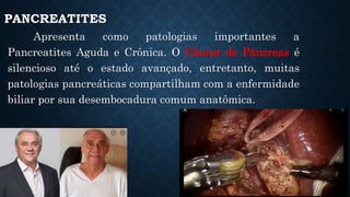 PANCREATITES
Apresenta como patologias importantes a
Pancreatites Aguda e Crônica. O Câncer de Pâncreas é
silencioso até o estado avançado, entretanto, muitas
patologias pancreáticas compartilham com a enfermidade
biliar por sua desembocadura comum anatômica.
 