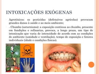 INTOXICAÇÕES EXÓGENAS
- Agrotóxicos: os pesticidas (defensivos agrícolas) provocam
grandes danos à saúde e ao meio ambiente;
- - Chumbo (saturnismo): a exposição contínua ao chumbo, presente
em fundições e refinarias, provoca, a longo prazo, um tipo de
intoxicação que varia de intensidade de acordo com as condições
do ambiente (umidade e ventilação), tempo de exposição e fatores
individuais (idade e condições físicas).
 