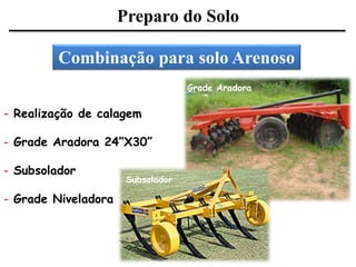 Preparo do Solo
Combinação para solo Arenoso
- Realização de calagem
- Grade Aradora 24”X30”
- Subsolador
- Grade Niveladora
Grade Aradora
Subsolador
 