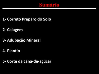 Sumário
1- Correto Preparo do Solo
2- Calagem
3- Adubação Mineral
4- Plantio
5- Corte da cana-de-açúcar
 