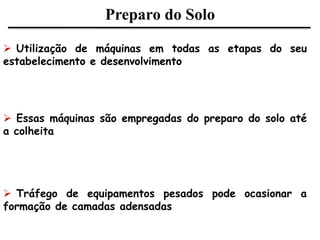 Preparo do Solo
 Utilização de máquinas em todas as etapas do seu
estabelecimento e desenvolvimento
 Essas máquinas são empregadas do preparo do solo até
a colheita
 Tráfego de equipamentos pesados pode ocasionar a
formação de camadas adensadas
 