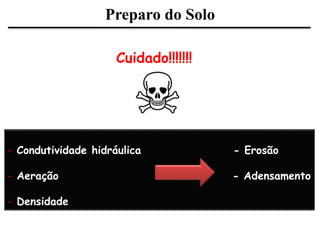 Preparo do Solo
Cuidado!!!!!!!
- Condutividade hidráulica - Erosão
- Aeração - Adensamento
- Densidade
 