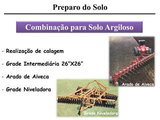 Preparo do Solo
Combinação para Solo Argiloso
- Realização de calagem
- Grade Intermediária 26”X26”
- Arado de Aiveca
- Grade Niveladora
Arado de Aiveca
Grade Niveladora
 