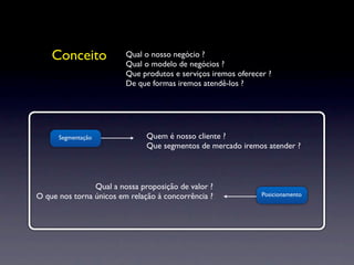Conceito             Qual o nosso negócio ?
                         Qual o modelo de negócios ?
                         Que produtos e serviços iremos oferecer ?
                         De que formas iremos atendê-los ?




      Segmentação              Quem é nosso cliente ?
                               Que segmentos de mercado iremos atender ?



                Qual a nossa proposição de valor ?
O que nos torna únicos em relação à concorrência ?             Posicionamento
 