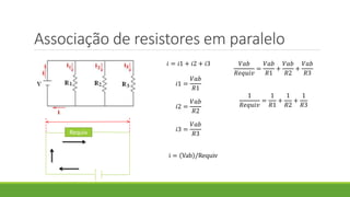 Associação de resistores em paralelo
𝑖 = 𝑖1 + 𝑖2 + 𝑖3
𝑖1 =
𝑉𝑎𝑏
𝑅1
𝑖2 =
𝑉𝑎𝑏
𝑅2
𝑖3 =
𝑉𝑎𝑏
𝑅3Requiv
i = Vab /Requiv
𝑉𝑎𝑏
𝑅𝑒𝑞𝑢𝑖𝑣
=
𝑉𝑎𝑏
𝑅1
+
𝑉𝑎𝑏
𝑅2
+
𝑉𝑎𝑏
𝑅3
1
𝑅𝑒𝑞𝑢𝑖𝑣
=
1
𝑅1
+
1
𝑅2
+
1
𝑅3
 