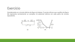Exercício
Considerando-se o circuito elétrico da figura (a) abaixo. É correto afirmar que o gráfico da figura
(b) representa corretamente as variações no potencial elétrico em cada parte do circuito
equivalente.
 