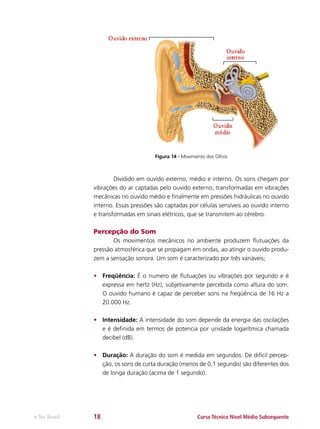Figura 14 - Movimento dos Olhos

	
Dividido em ouvido externo, médio e interno. Os sons chegam por
vibrações do ar captadas pelo ouvido externo, transformadas em vibrações
mecânicas no ouvido médio e finalmente em pressões hidráulicas no ouvido
interno. Essas pressões são captadas por células sensíveis ao ouvido interno
e transformadas em sinais elétricos, que se transmitem ao cérebro.

Percepção do Som
	
Os movimentos mecânicos no ambiente produzem flutuações da
pressão atmosférica que se propagam em ondas, ao atingir o ouvido produzem a sensação sonora. Um som é caracterizado por três variáveis;
•	 Freqüência: É o numero de flutuações ou vibrações por segundo e é
expressa em hertz (Hz), subjetivamente percebida como altura do som.
O ouvido humano é capaz de perceber sons na freqüência de 16 Hz a
20.000 Hz.
•	 Intensidade: A intensidade do som depende da energia das oscilações
e é definida em termos de potencia por unidade logarítmica chamada
decibel (dB).
•	 Duração: A duração do som é medida em segundos. De difícil percepção, os sons de curta duração (menos de 0,1 segundo) são diferentes dos
de longa duração (acima de 1 segundo).

e-Tec Brasil

18

Curso Técnico Nível Médio Subsequente

 
