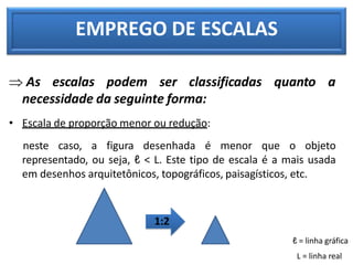EMPREGO DE ESCALAS
 As escalas podem ser classificadas quanto a
necessidade da seguinte forma:
• Escala de proporção menor ou redução:
neste caso, a figura desenhada é menor que o objeto
representado, ou seja, ℓ < L. Este tipo de escala é a mais usada
em desenhos arquitetônicos, topográficos, paisagísticos, etc.
1:2
ℓ = linha gráfica
L = linha real
 